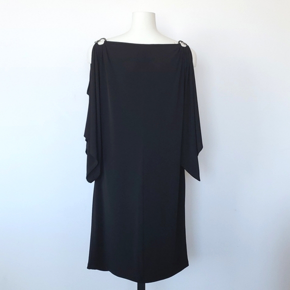 Lori M Black Cold Shoulder Cutout Drape Neckline Wide Sleeve Dress Large - Picture 4 of 12